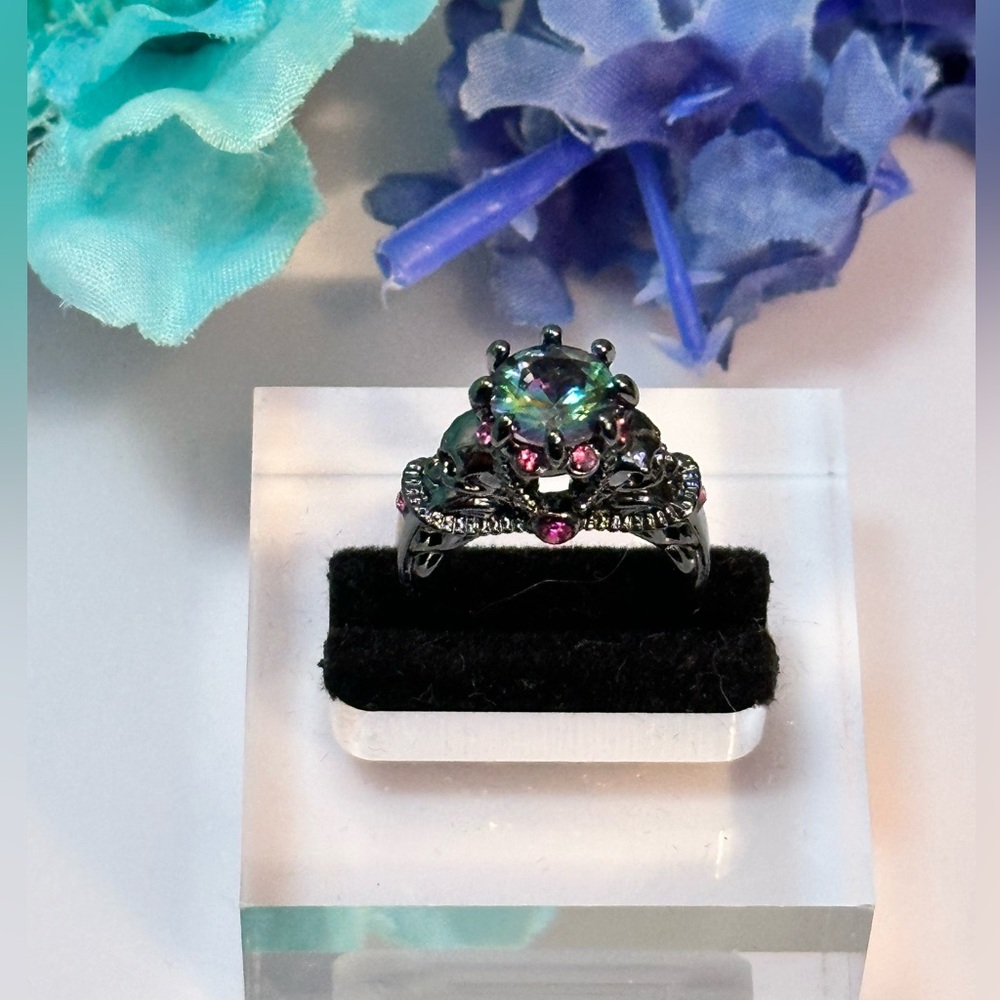 Mystic Topaz and Amethyst Ring With Black Zirconium Setting NEW!